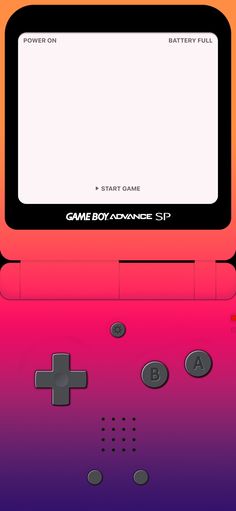 the nintendo game boy advance is shown in front of an orange, pink and purple background