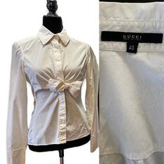 In great vintage condition. Measurements in listing. Designer Cotton Button-up Blouse, White Fall Blouse With Bow, Fitted White Blouse With Bow, Designer Cotton Tops For Office, Classic White Tops With Bow, Classic White Blouse With Bow, Designer Cotton Blouse For Fall, Chic Long Sleeve Shirt With Bow, Elegant White Shirt With Bow Detail