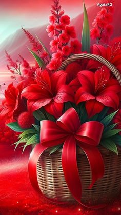 a basket filled with red flowers on top of a table