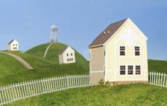 two houses on top of a green hill with a white picket fence in the foreground