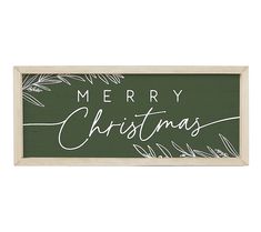 a merry christmas sign with pine branches on the bottom and white lettering that reads merry christmas