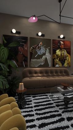 a living room filled with furniture and paintings on the wall