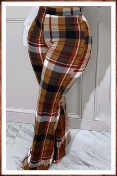 LW Plus Size Plaid Print Wide Leg Flared Pants Outfit Plus Size, Flare Leg Pants, Printed Trousers, Bell Bottom Pants, Plaid Pants, 가을 패션, Plaid Print, High Waisted Trousers, Trendy Plus Size