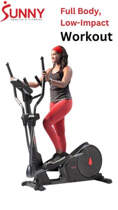 a woman is on an exercise bike with the words suny full body, low impact workout