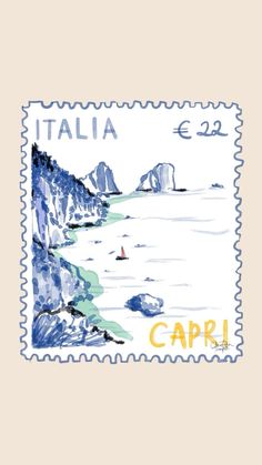 a stamp with an image of the ocean and mountains