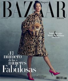 a woman in leopard print coat and heels on the cover of bazaar magazine, spain