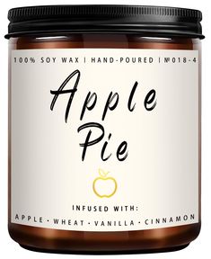 an apple pie in a jar with cinnamon on the top and black writing that says, apple pie