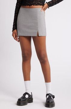 This suit-inspired skort balances professional and playful with clean lines and built-in shorts. 68% polyester, 28% rayon, 4% spandex Machine wash, dry flat Imported Gray Stretch Mini Bottoms, Gray Workwear Shorts, Fitted Short Elastane Mini Skirt, Spring Mini Length Elastane Shorts, Gray Fitted Mini Length Bottoms, Fitted Solid Shorts For Business Casual, High Waist Fitted Gray Skort, Modern Mini Length Bottoms For Summer, Modern Mini Bottoms For Summer