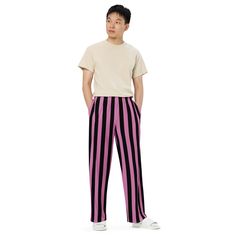 Fun black and lavender stripes make these the coolest casual lounge pants. Pajamas for bedtime or just comfy wide-leg pants for kicking back around the house. Black stripes on violet color make these great pants for your pirate costume. These PJLove pants feature a relaxed unisex fit and can be worn comfortably on the waist or the hips. Elastic waistband with white drawstring for ultimate sizing versatility. With practical side pockets, our pjs/lounge pants are made of premium knit mid-weight (6 Casual Pink Wide Leg Pants For Loungewear, Casual Wide-leg Vertical Stripes Pants, Casual Wide Leg Pants With Vertical Stripes, Relaxed Fit Wide-leg Pants With Vertical Stripes, Wide Leg Loungewear Bottoms With Vertical Stripes, Vertical Stripes Straight Pants For Loungewear, Trendy Striped Pants For Loungewear, Vertical Stripes Trousers For Loungewear, Striped Straight Pants For Loungewear