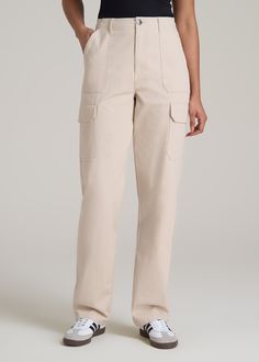 About Our Straight Leg Cargo Chino Pants for Tall Women The style and utility of a cargo pant meets an extra-long inseam on these chinos for tall women. Designed specifically for ladies from 5’9 to 6’6, they have a high rise and a straight leg that creates a modern, flattering fit. These women’s tall pants are made with stretch-infused cotton that’s been pre-washed and shrinkage controlled to make sure the silhouette stays perfect. Store everything you need for a day on the go with plenty of poc Full Length Cargo Jeans For Workwear, Utility Cargo Style Work Pants, Full Length Utility Cargo Work Pants, Beige Cargo Jeans With Side Pockets, Work Pants With Cargo Pockets, Full-length Cargo Work Pants, Utility Pants With Flap Pockets, Full Length Work Pants With Cargo Pockets, Beige Utility Cargo Pants With Straight Leg