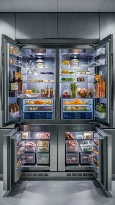 an open refrigerator filled with lots of food and drinks in it's side - by - side doors