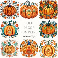 the pumpkins are painted in different colors and designs, with flowers on each side