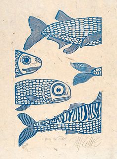 three fish are depicted in blue ink on white paper, each with a different pattern