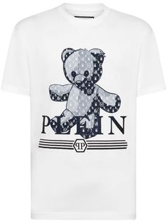 white cotton teddy bear print logo print to the front logo patch to the rear round neck short sleeves straight hem Teddy Bear Illustration, Teddy Bear Print, Bear Illustration, Men Fashion Show, Leather Outerwear, Philipp Plein, Bear Print, T Shirt Vest, Light Jacket