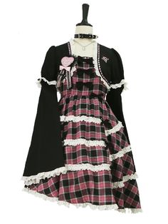 Black And Pink Dresses, Black And Pink Outfit Ideas, Cartoon Music, Punk Plaid, Kawaii Princess, Black And Pink Dress, Trumpet Sleeves, Removable Sleeves, Punk Dress