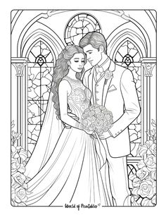 an adult coloring book with a bride and groom in front of stained glass windows,