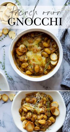 two bowls filled with food and the words french onion gnocchi on top of them