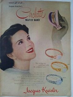 1948 Jacques Kreisler Circlette watch band vintage jewelry ad  | eBay Jewelry Advertisement, Retro Lifestyle, 1940s Jewelry, Jewelry Ad, 1940s Hairstyles, Ad Poster, Magazine Advertisement, Jewelry Ads, Vintage Advertisement