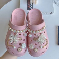 Jibbitz charms for diy your own crocs. I also accept custom croc charms. Please contact me if you have any question. Croc Jibbitz Ideas, Croc Chain, Crocs With Jibbitz, Crocs Aesthetic, Crocs With Charms, Pearl Shoe, Shoe Tips, Pretty Sneakers, Pink Crocs