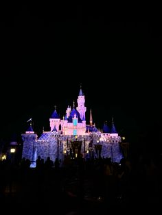 a castle lit up at night with people standing around it