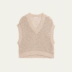 Brunello Cucinelli diamond net knit sweater features micro paillette details throughout  V-neckline Sleeveless Ribbed trim  Hip length  Pullover style Relaxed fit  Silk/linen/nylon/polyamide Made in Italy