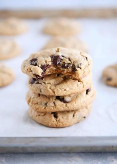 chocolate chip cookies stacked on top of each other