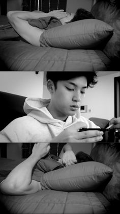 three pictures of a man laying on a bed with his cell phone in his hand