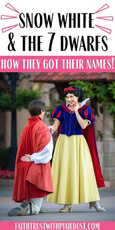 a man and woman dressed as snow white talking to each other with text overlay that reads, character interactions at walt world