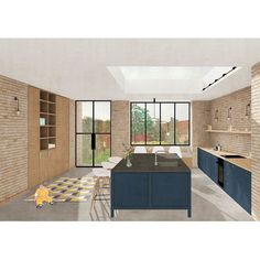 an artist's rendering of a kitchen and dining area in a house with brick walls