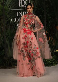 Varun Bahl-Pink Floral Embroidered Tulle Gown-INDIASPOPUP.COM Pink Tulle Gown, Floral Thread Embroidery, Varun Bahl, Embroidered Tulle, Cape Sleeves, Tulle Gown, Indian Fashion Designers, Pink Tulle, Thread Embroidery