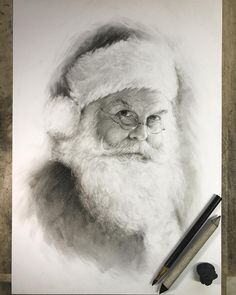 a black and white drawing of a santa clause with a pencil in front of it