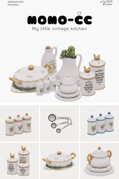 an advertisement for a kitchen set with white dishes and gold trimmings on it