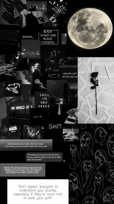 a collage of black and white images with the moon in the background