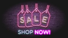 neon sale sign on brick wall with glowing text and three bottles in the shape of rectangles