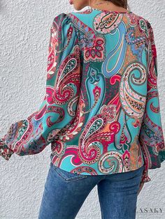 Lasaky - Boho-inspired Paisley Print V Neck Blouse with Shirred Lantern Long Sleeves for Womens Fashion Wardrobe Trendy Long Sleeve Tops With Paisley Print, Trendy Patterned Blouse With Vibrant Print, Non-stretch Multicolor Floral Print Blouse, Trendy Fall Blouse With Vibrant Print, Multicolor Non-stretch Bohemian Blouse, Fall Multicolor Paisley Print Blouse, Trendy Long Sleeve Blouse With Paisley Print, Green Paisley Print Long Sleeve Tops, Green Long Sleeve Tops With Paisley Print