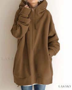 Lasaky - Premium Customizable Hooded Zip-Up Sweatshirt with Extended Length and Luxurious Fleece Lining Solid Color Long Sleeve Outdoor Sweatshirt, Long Sleeve Solid Color Outdoor Sweatshirt, Long Sleeve Solid Sweatshirt With Pockets, Casual Brown Fleece Jacket For Cold Weather, Winter Solid Color Sweatshirt With Pockets, Winter Solid Sweatshirt With Pockets, Solid Color Hoodie For Outdoor Fall Wear, Long Sleeve Sweatshirt With Fleece Lining, Cozy Solid Hoodie With Pockets