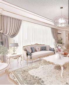 a living room filled with furniture and a chandelier