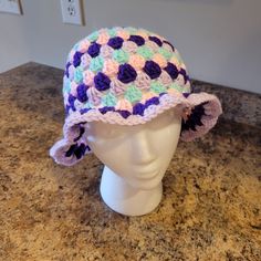 Handmade Crochet Bucket Hat In Lavender, Royal Purple, Sea Foam Green, And Baby Pink. Fits Most Teens/Adults, Size Large New, Never Worn Cute Purple Beanie Hat, Adjustable Purple Crochet Yarn Hat, Adjustable Purple Yarn Crochet Hat, Purple One Size Beanie Hat, Purple Yarn Beanie Hat, Purple Beanie Hat, One Size, Handmade Purple Beanie Hat, Purple Adjustable Crochet Hat, Purple Crochet Yarn Hat