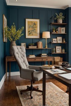 interior design services, home office decor, room design ideas, paint color trends Moody Home Offices, Dark Teal Home Office, Dark Teal Office Walls, French Blue Office, Colors That Go With Walnut Wood, Office Colors Ideas, Home Office Blue Walls, Color Drenched Office