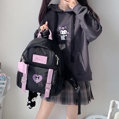 This kuromi bag is officially licensed to the brand MT BABY. Keep kawaii and always be young.  Features: Officially Licensed Sanrio Bag Exquisite kuromi character embroidery With card holder (no other accessories) With side pocket Adjustable shoulder straps. Top carry handle.   Brand: MT BABY Material: canvas + polyester Color: black Size: 41*35cm, strap about 88cm Kuromi Clothing, Kuromi Backpack, Kuromi Bag, Kuromi Suitcase, Kuromi Bag Aesthetic, Kuromi Mini Backpack, Sanrio Bag, Canvas Backpack, Sanrio Characters