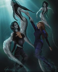 three mermaids in the water with their arms around each other