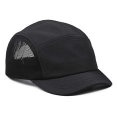 a black hat with mesh on the front and side panel, sitting on a white background