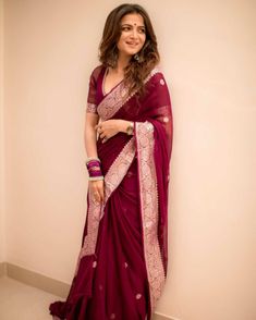 Maroon Saree, Sari Design, Saree Looks, Saree Georgette