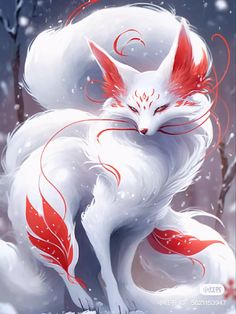 a white and red cat sitting in the snow