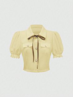 Amarelo Casual,elegante Collar Manga Curta Tecido Simples Camisa Embellished Não elástico Neat Casual Outfits, Simple Style Outfits, Sunday Dress, Hi Fashion, Puff Sleeve Shirt, Short Puff Sleeve, Yellow Shirt, Diy Sewing Pattern