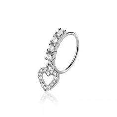 an open heart shaped ring with three stones on the front and side, set in white gold