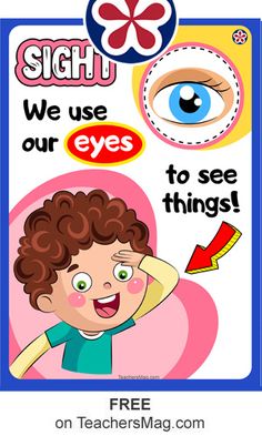 a poster with the words sight we use our eyes to see things and an image of a child's face