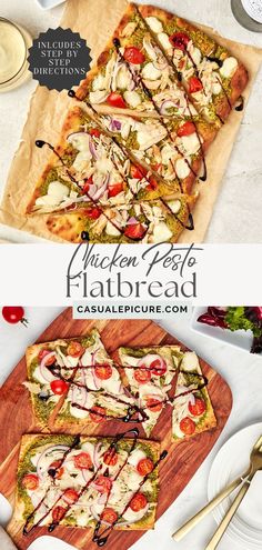 chicken pesto flatbread pizza on a cutting board