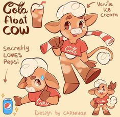 an image of a cartoon character with different poses and expressions on his body, including the words coca cola float cow