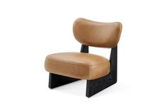 a brown chair with black legs and a tan leather seat pad on the back, against a white background